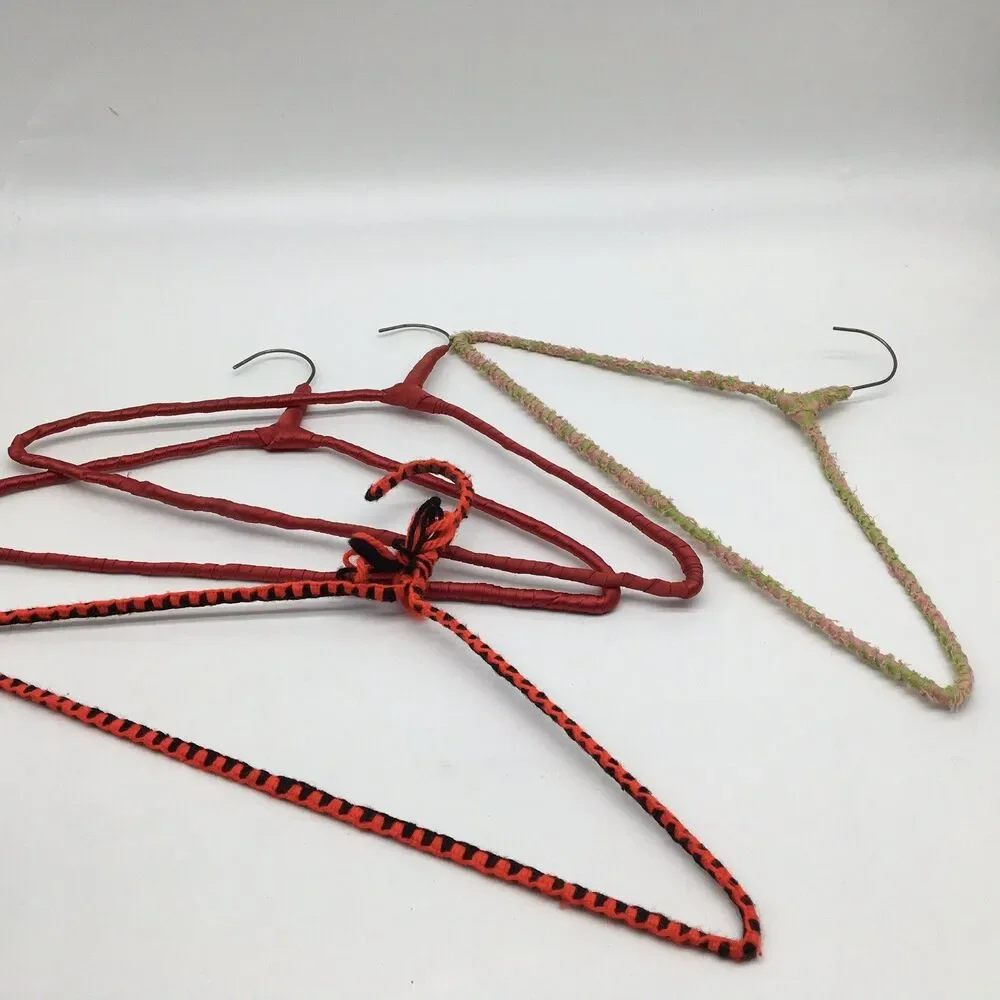 4 Vtg Colorful Yarn Ribbon Covered Granny Clothes Hangers Red Satin Pink Green